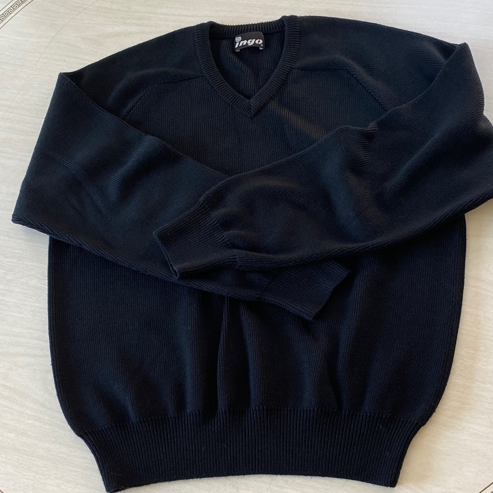Men's Peru Wool Blend Black V-Neck Sweater Minimalist Vintage XL Business Casual